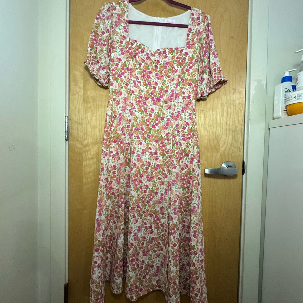 Pink Lily Pink and White Puff Sleeve Sundress